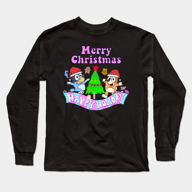 Merry Christmas and Happy Holiday // Bluey Long Sleeve T-Shirt by 80sCartoons.Club